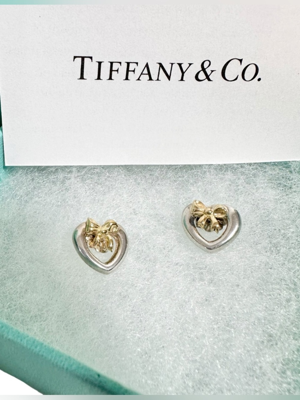 Tiffany & Co. Engraved 925 Silver Heart & 18K Gold Bow Stud Earrings Set w.Box - Picture 2 of 13